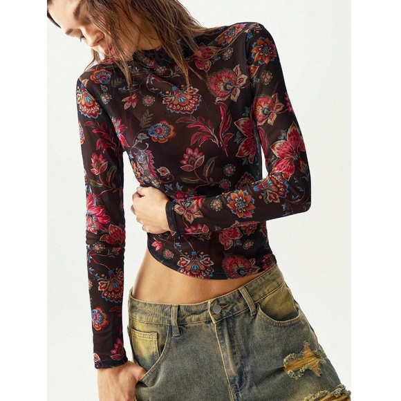 Black Multicolor Floral Print Mesh Sheer Shirt Top - Picture 1 of 9